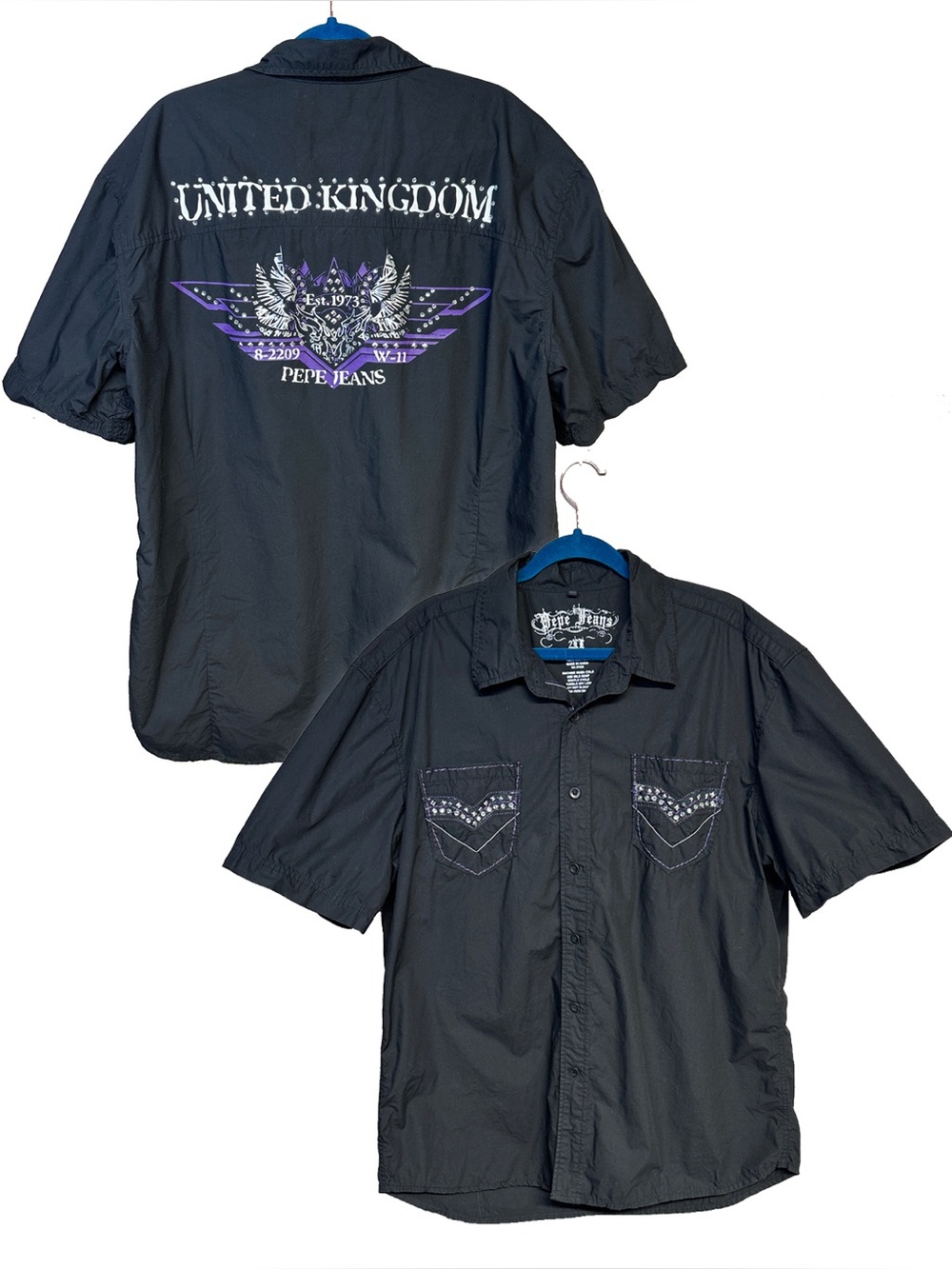 Pepe Jeans United Kingdom Grunge Punk Rhinestone Y2K Button Shirt Skater 2XL